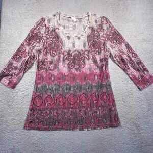 Y2K Vtg Wrangler Sheer Lace Top Blouse 3/4 Sleeve Pink‎ Gray Lurex Women's Large